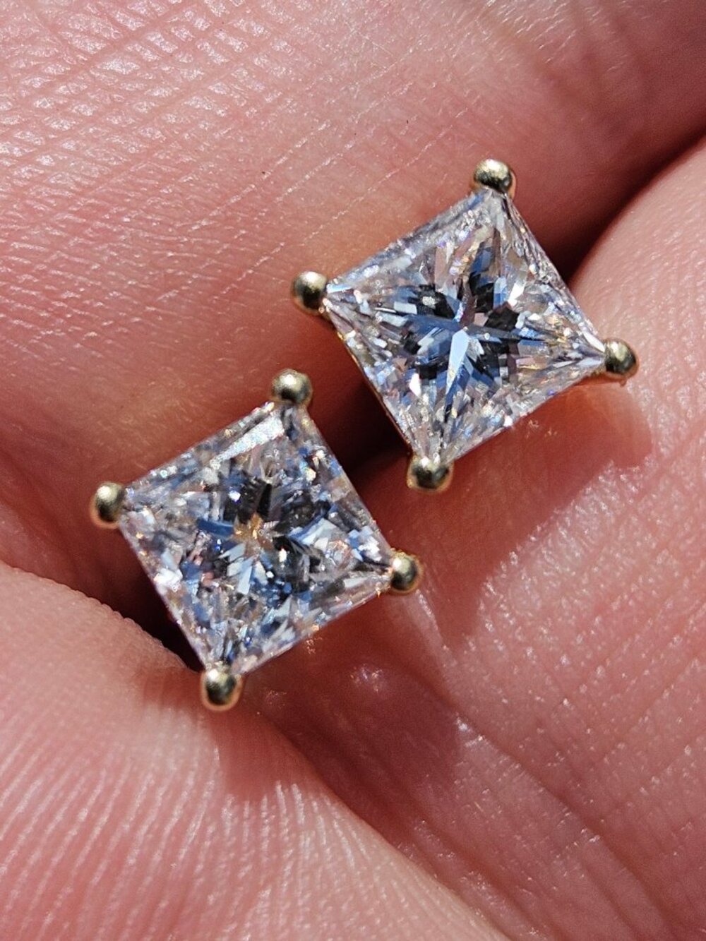 10K Yellow Gold Lab Created Princess Cut Diamond Stud Earrings 2.00TCW